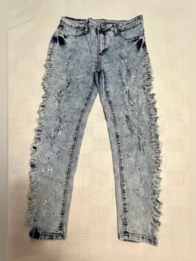 Light Blue Skinny Jeans with Fringe Side Trim